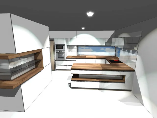 3D vizualizace bílé kuchyně s poloostrůvkem, program PRO 100