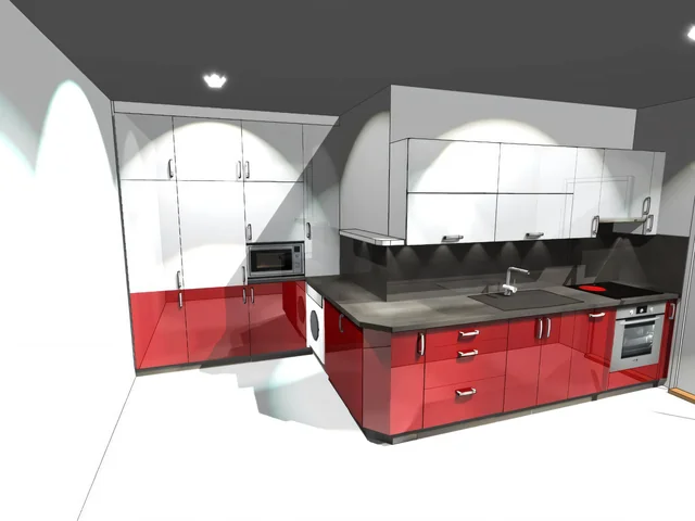 3D vizualizace kuchyně v červeném lesku, program PRO 100