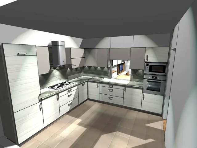 3D vizualizace klasické kuchyně do L, program PRO 100